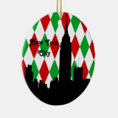 NYC Skyline Silhouette ESB Red Grn Harlequin Xmas Keramikornament (Rechts)