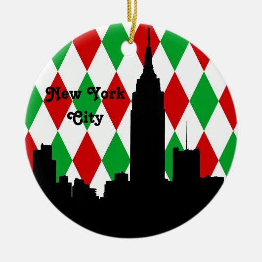 NYC Skyline Silhouette ESB Red Grn Harlequin Xmas Keramikornament (Vorne)
