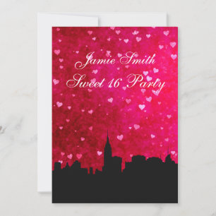 NYC Skyline Silhouette Hot Pink Red Hrt Sweet 16 V Einladung