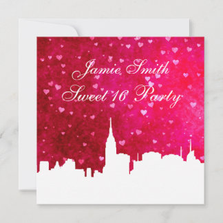 NYC-Skyline-Silhouette Ht Pink Rot Herz Sweet 16 Einladung