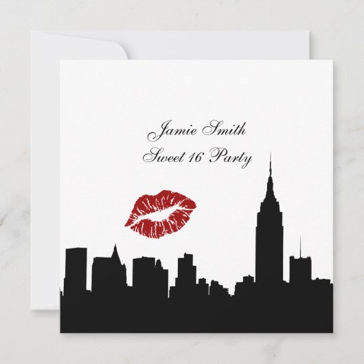 NYC Skyline Silhouette, Kiss ESB #1 BW Sweet 16 SQ Einladung (Vorderseite)