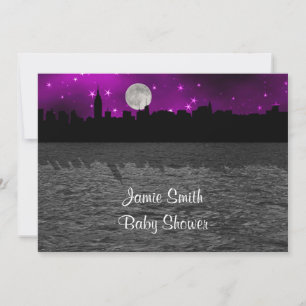 NYC Skyline Silhouette Moon Lila Baby Dusche Einladung