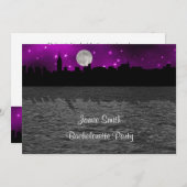 NYC Skyline Silhouette Moon Lila Bachelorette Einladung (Vorne/Hinten)