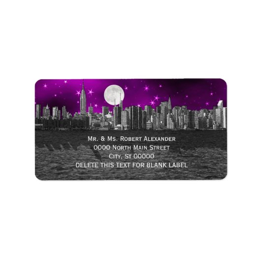 NYC Skyline Silhouette Moon Lila H Address Label Adressaufkleber (Vorne)