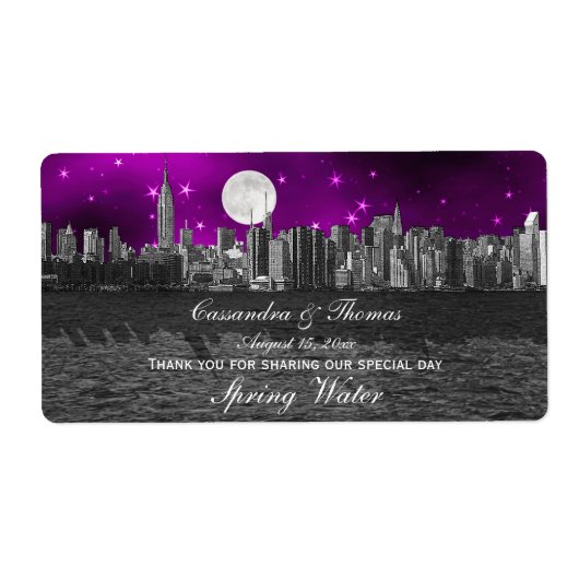 NYC Skyline Silhouette Moon Lila H Wasserflasche (Vorne)