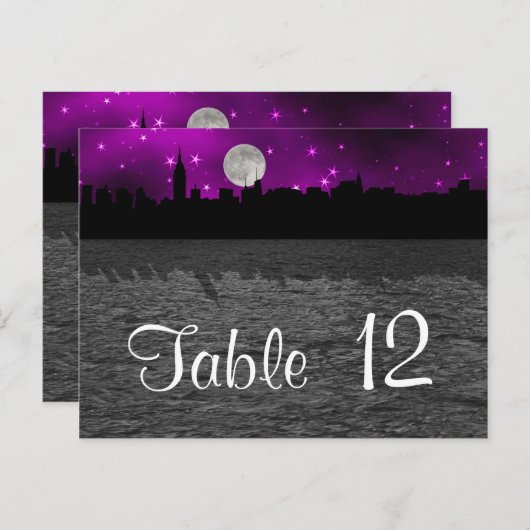 NYC Skyline Silhouette Moon Lila Tischnummer (Vorne/Hinten)