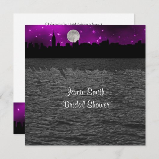 NYC Skyline Silhouette Moon Purpl Brautparty SQ Einladung (Vorne/Hinten)