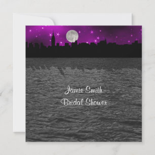 NYC Skyline Silhouette Moon Purpl Brautparty SQ Einladung