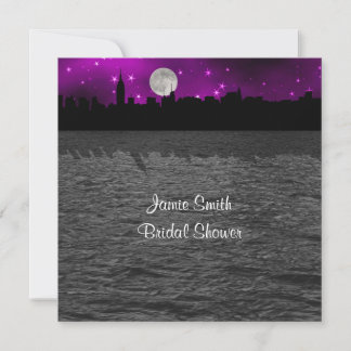 NYC Skyline Silhouette Moon Purpl Brautparty SQ Einladung