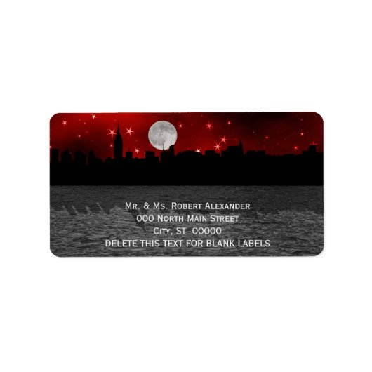 NYC Skyline Silhouette Moon Red H Address Labels Adressaufkleber (Vorne)