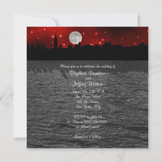 NYC Skyline Silhouette Moon Red Wedding SQL Einladung (Rückseite)