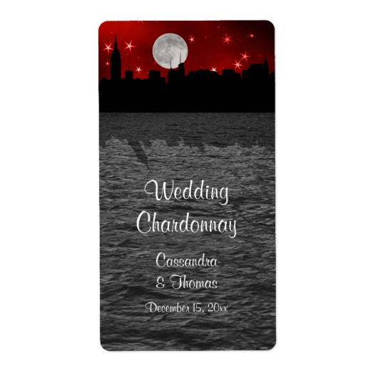 NYC Skyline Silhouette Moon Red Wine Label (Vorne)