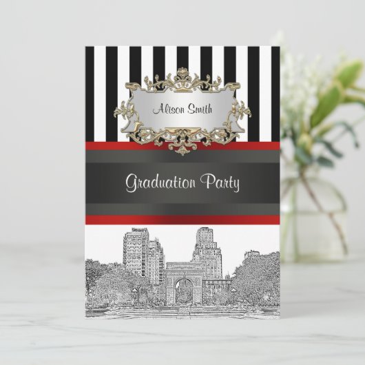 NYC Skyline Wash Sq Pk Bk Wht Stripe Abschluss Einladung (Stehend Vorderseite)