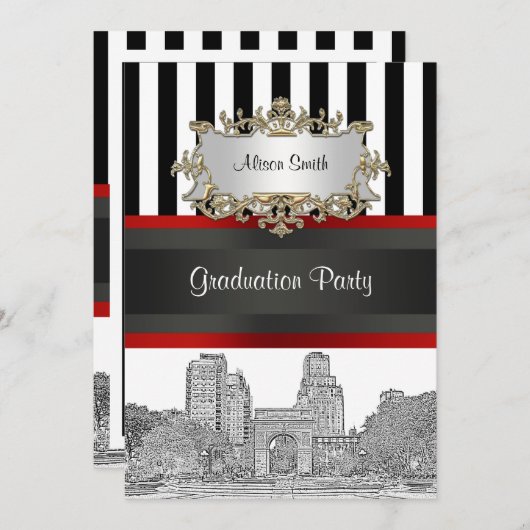 NYC Skyline Wash Sq Pk Bk Wht Stripe Abschluss Einladung (Vorne/Hinten)
