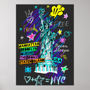 NYC Statue of Liberty Travel Doodle Art Poster