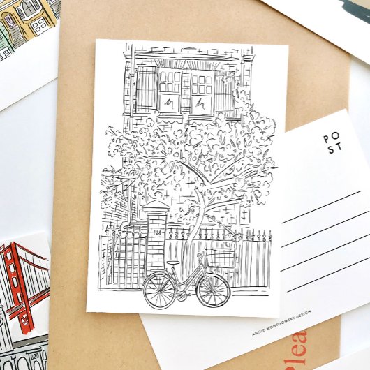 NYC Stoop Black and White Sketch Postcard Einladungspostkarte