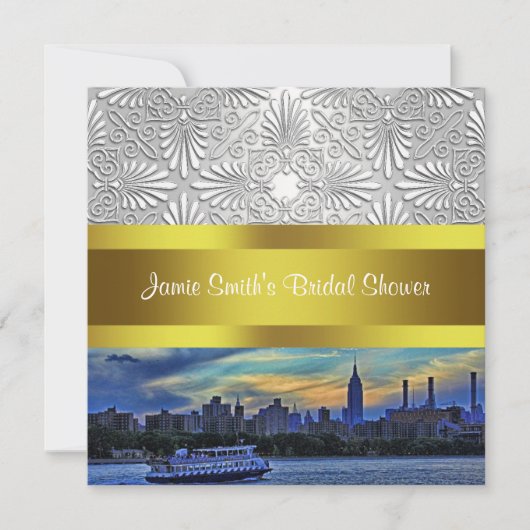 NYC Sunset Skyline ESB White Damask Brautparty Einladung (Vorderseite)