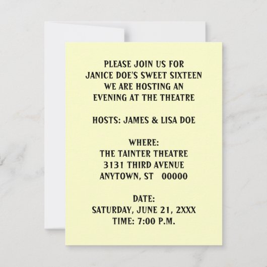 NYC THEATER DISTRICT THEMED INVITATION ~ Sweet 16 Einladung (Rückseite)