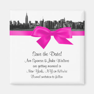 NYC Weite Skyline Geätzt BW Hot Pink Save-the-Date Magnet