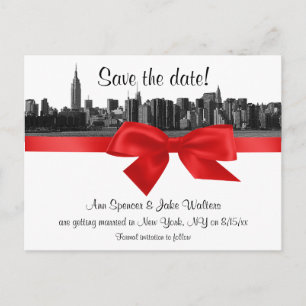 NYC Weite Skyline Geätzt BW Rot  Save the Date Ankündigungspostkarte