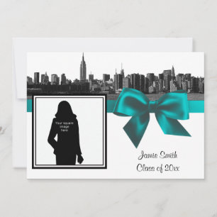 NYC Weite Skyline Geätzt BW Teal Foto Abschlussfei Einladung