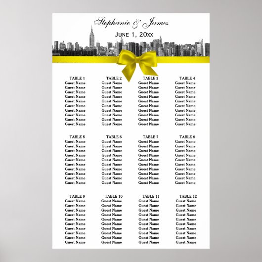 NYC-weites Skyline Etch BW gelbe Bow-Sitzkarte Poster (Vorne)