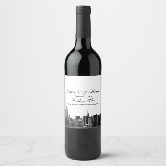 NYC-weites Skyline Etched BW Wine Bottle Label Weinetikett (Vorderseite)