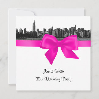 NYC Wide Skyline Etch BW Hot Pink Birthday Pty SQ Einladung