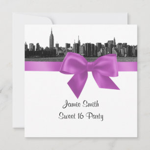 NYC Wide Skyline Etch BW Lilac 16 . Geburtstag SQ Einladung