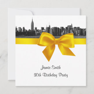 NYC Wide Skyline Etch BW Yellow Birthday Pty SQ Einladung
