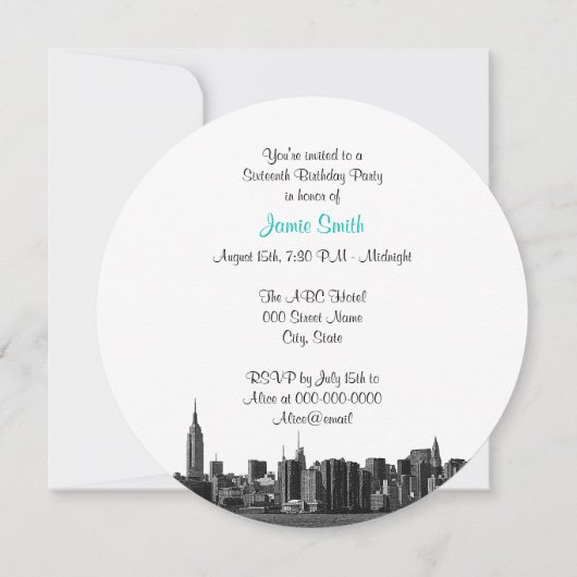 NYC Wide Skyline Etched BW Aquamarin 16 . Geburtst Einladung (Rückseite)