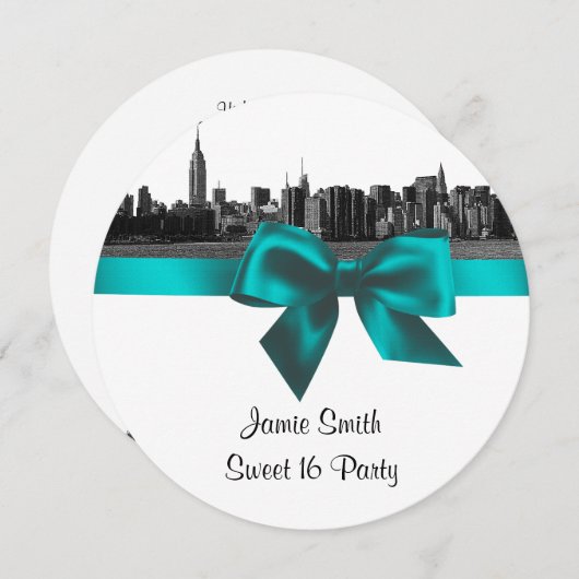 NYC Wide Skyline Etched BW Aquamarin 16 . Geburtst Einladung (Vorne/Hinten)