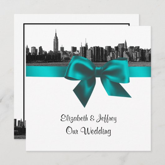 NYC Wide Skyline Etched BW Aquamarin Wedding SQ Einladung (Vorne/Hinten)
