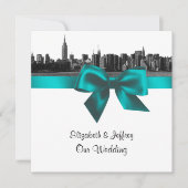 NYC Wide Skyline Etched BW Aquamarin Wedding SQ Einladung (Vorderseite)