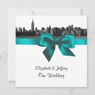 NYC Wide Skyline Etched BW Aquamarin Wedding SQ Einladung