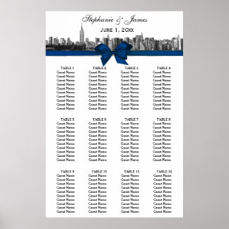 NYC Wide Skyline Etched BW Blue Bow Seekarte Poster