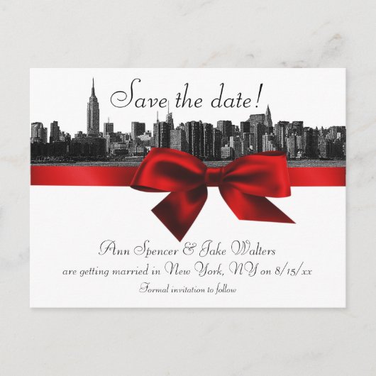 NYC Wide Skyline Etched BW Dark Red Save the Date Ankündigungspostkarte (Vorderseite)