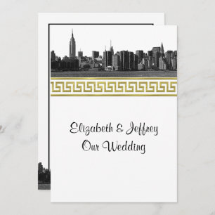 NYC Wide Skyline Etched BW Gold GK #5 Wedding Einladung