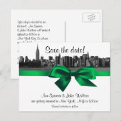 NYC Wide Skyline Etched BW Green Save the Date Ankündigungspostkarte (Vorne/Hinten)