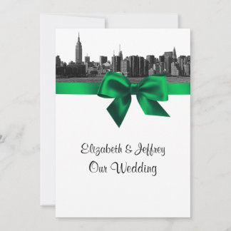 NYC Wide Skyline Etched BW Green Wedding Einladung