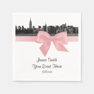 NYC Wide Skyline Etched BW Light Pink Ribbon Serviette