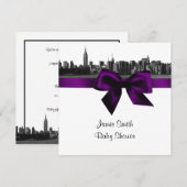 NYC Wide Skyline Etched BW Lila Baby Dusche Q Einladung (Vorne/Hinten)