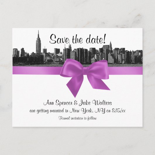 NYC Wide Skyline Etched BW Lilac Save the Date Ankündigungspostkarte (Vorderseite)