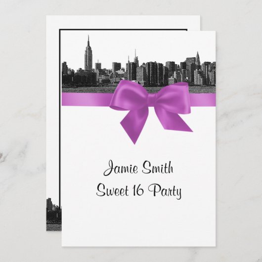 NYC Wide Skyline Etched BW Lilac Sweet 16 Einladung (Vorne/Hinten)