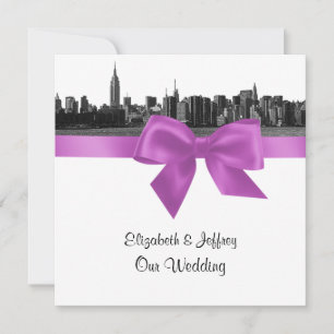 NYC Wide Skyline Etched BW Lilac Wedding SQ Einladung