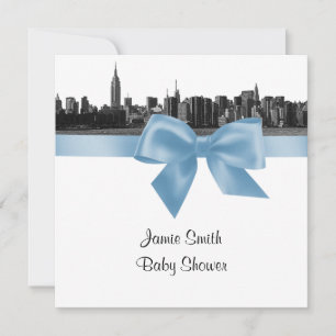 NYC Wide Skyline Etched BW Lt Blue Baby Dusche SQ Einladung
