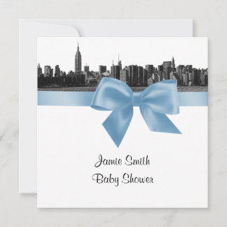 NYC Wide Skyline Etched BW Lt Blue Baby Dusche SQ Einladung