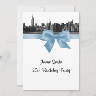 NYC Wide Skyline Etched BW Lt Blue Birthday Party Einladung