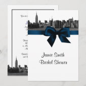 NYC Wide Skyline Etched BW Navy Blue Brautparty Einladung (Vorne/Hinten)