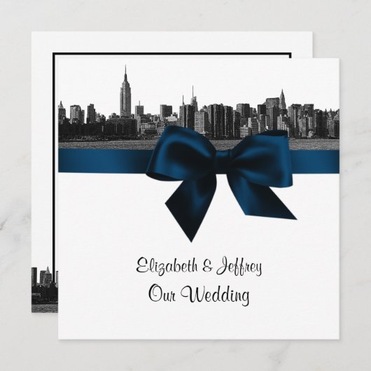 NYC Wide Skyline Etched BW Navy Blue Wedding SQ Einladung (Vorne/Hinten)